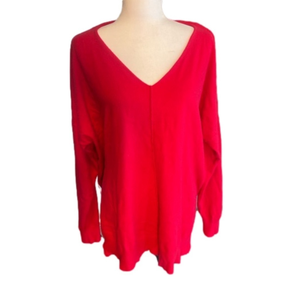 Zenana premium bright red long sleeve v neck top with split hem size extra large